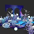 Underwater Themed 3D Artwork With Coral Seashell Blue Purple Elements And Glowing Orbs