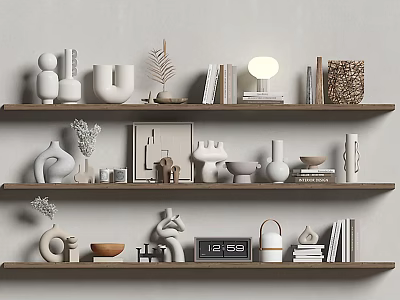 Minimalist Decorative Ornaments Set On Shelves With Vases Sculptures And Books 3d model