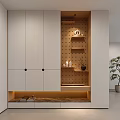 Modern Entryway Design With White Cabinets Perforated Wooden Shelves Decorative Items And Ambient Lighting