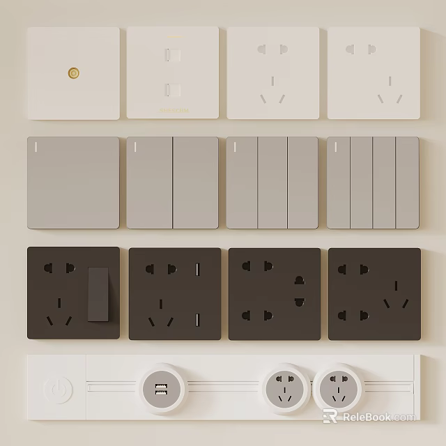 Modern Electrical Switch Panels in White Gray Black with Single Double Triple Quad Switches and Sockets 3d model 