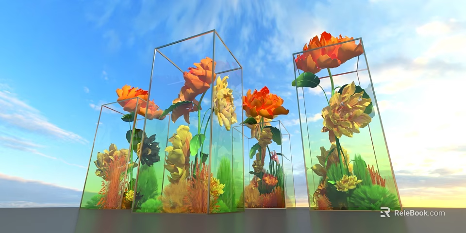 Vibrant Orange Yellow Red Blooms In Transparent Glass Cube Vases With Blue Sky 3d model 