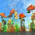 Vibrant Orange Yellow Red Blooms In Transparent Glass Cube Vases With Blue Sky