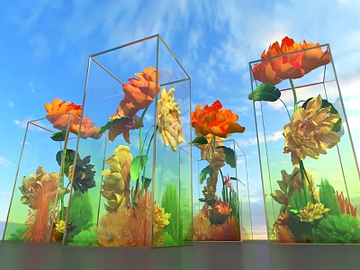 Vibrant Orange Yellow Red Blooms In Transparent Glass Cube Vases With Blue Sky 3d model