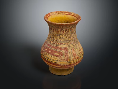 Traditional Ceramic Vase with Hand-Painted Geometric Patterns in Yellow and Red Tones for Decorative 3d model