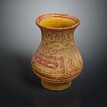 Traditional Ceramic Vase with Hand-Painted Geometric Patterns in Yellow and Red Tones for Decorative