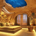 Cave Style Hotel Room with Starry Sky Ceiling Canopy Curtains Cozy Bed and Potted Plant