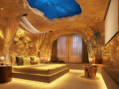 Cave Style Hotel Room with Starry Sky Ceiling Canopy Curtains Cozy Bed and Potted Plant 3d model