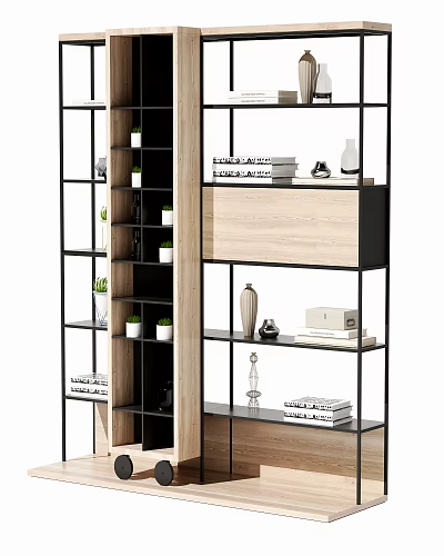 Modern Minimalist Storage Shelving Unit With Black Frame Wooden Shelves And Decorative Items 3d model