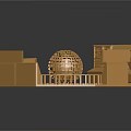 Golden Circular Display Platform With Spherical Centerpiece Ornate Carvings And Surrounding Cabinet Structures