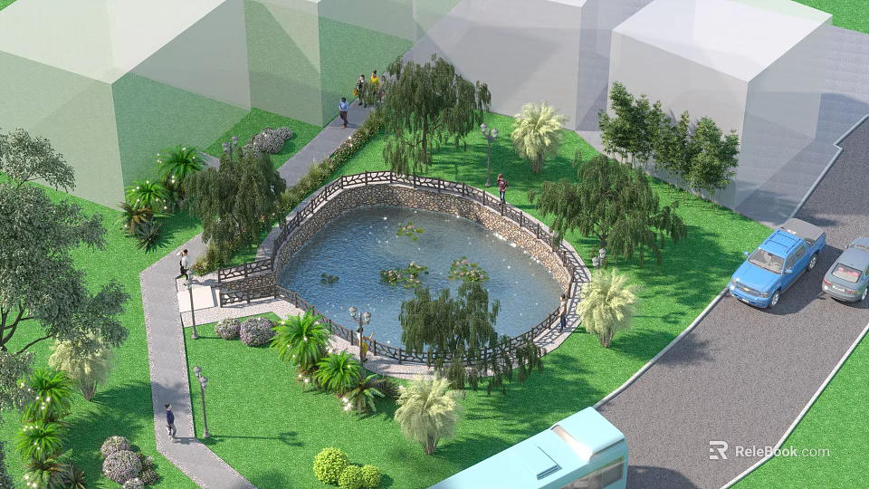 Scenic Circular Water Fountain Surrounded by Lush Trees Green Lawns and Walking Path in Park 3d model 