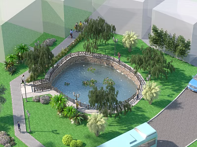 Scenic Circular Water Fountain Surrounded by Lush Trees Green Lawns and Walking Path in Park 3d model
