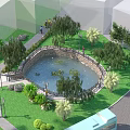 Scenic Circular Water Fountain Surrounded by Lush Trees Green Lawns and Walking Path in Park