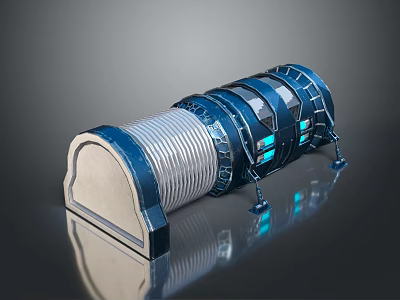 Futuristic Cylindrical Building With Blue And Silver Ring Structures Support Legs And Glowing Elements 3d model