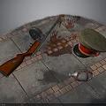 Red Rifle Military Cap Bloodstain And Silver Flask On Brick Pavement
