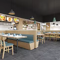 Modern Restaurant Interior With Wooden Slat Ceiling Green Pendant Light Bar Area And Dining Seats