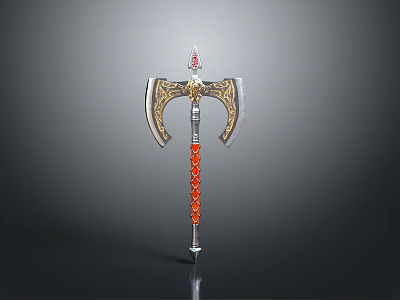 Ornate Battle Axe Featuring Golden Decorations Silver Blades Red Gem And Beaded Handle 3d model