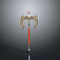Ornate Battle Axe Featuring Golden Decorations Silver Blades Red Gem And Beaded Handle