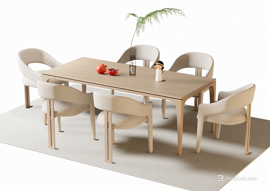 Modern Dining Table Set with Six Light Colored Chairs Wooden Tabletop and Fruits Vase Plant 3d model 
