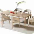 Modern Dining Table Set with Six Light Colored Chairs Wooden Tabletop and Fruits Vase Plant