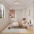 Modern Bedroom Interior With Bed Desk Chair Shelf Large Window Soft Rug And Decorative Painting