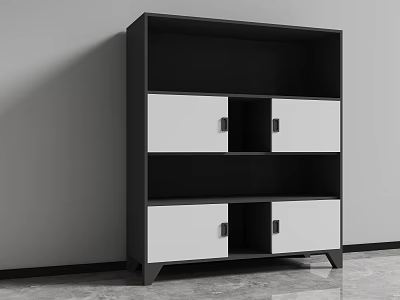 Modern Black And White Bookcase With Open Shelves And Storage Drawers 3d model