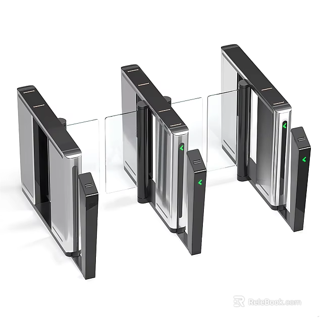 Public Facility Automatic Turnstile With Glass Barriers Metal Body And Green Indicators 3d model 