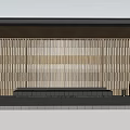 Modern Pergola with Flat Roof Vertical Slatted Screen Stone Paving and Bench Seating