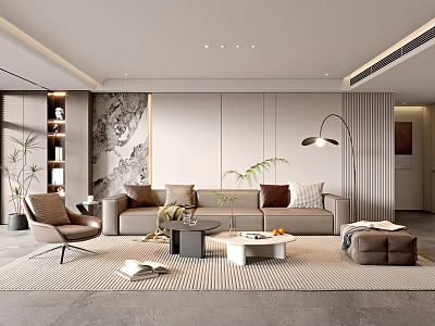Modern Living Room Interior With Beige Sofa Brown Armchair Coffee Table And Green Plants 3d model