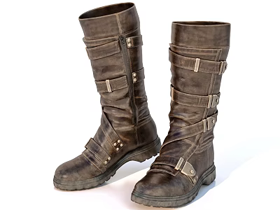 Brown Leather Tall Boots With Metal Straps And Zipper Design 3d model