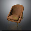 Orange Upholstered Armchair With Yellow Stains And Wooden Legs Vintage Style