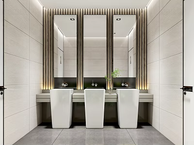 Modern Public Restroom Interior With Three Sinks Mirrors And Lighting 3d model