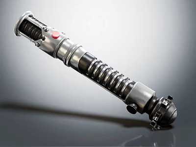 Futuristic Silver Metallic Lightsaber Weapon With Spiral Hilt And Red Activation Button 3d model