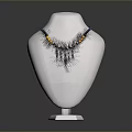 Stylish Decorative Necklace On White Mannequin With Blue Yellow Beads And Black Feather Accents