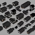 Traditional Architecture Models With Various Styles And Black Roof Details
