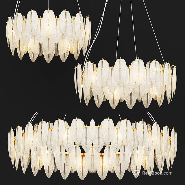 Modern Feather Design Chandelier With White Shades And Gold Metal Frames 3d model 