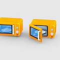Two Compact Yellow Microwave Ovens With Open And Closed Door Design