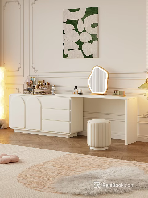 Elegant Modern White Dressing Table With Oval Mirror Storage Drawers And Cosmetics Stool 3d model 
