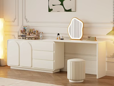 Elegant Modern White Dressing Table With Oval Mirror Storage Drawers And Cosmetics Stool 3d model