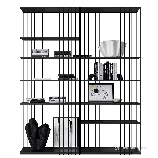 Black Metal Frame Modern Decorative Cabinet With Multi Layer Shelves Books Artworks And Framed Art 3d model 