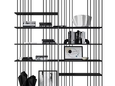 Black Metal Frame Modern Decorative Cabinet With Multi Layer Shelves Books Artworks And Framed Art 3d model