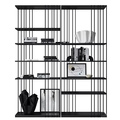 Black Metal Frame Modern Decorative Cabinet With Multi Layer Shelves Books Artworks And Framed Art 3d model