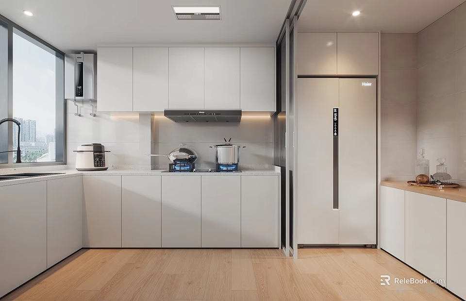 Modern Kitchen Interior Design With White Cabinets Appliances And Wooden Flooring 3d model 