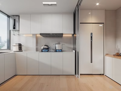 Modern Kitchen Interior Design With White Cabinets Appliances And Wooden Flooring 3d model