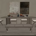 Modern Wooden Dining Table Set With Chairs Bench And Wall Art Decorative Items