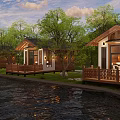 Chinese Style Detached Villa With Wooden Balcony Green Trees Waterfront And Warm Lighting