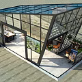 Modern Glass Building With Geometric Roof Metal Frame Indoor Seating Plants And Billboards