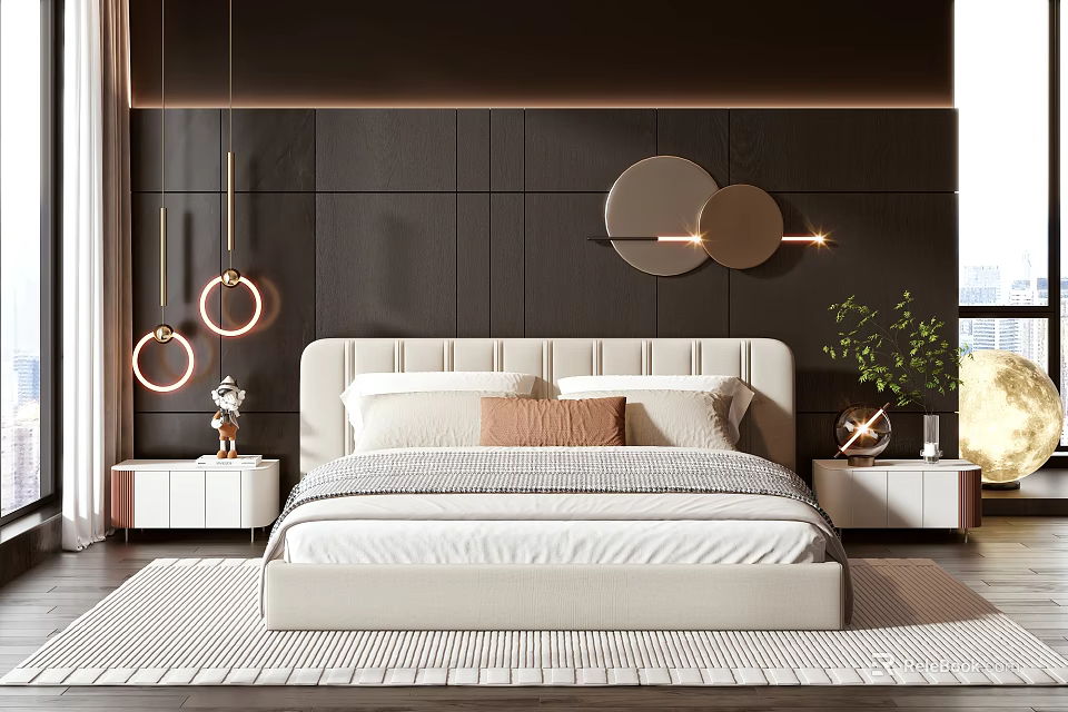 Modern Double Bed Interior With Beige Headboard Black Wall Panel Circular Lights And Nightstands 3d model