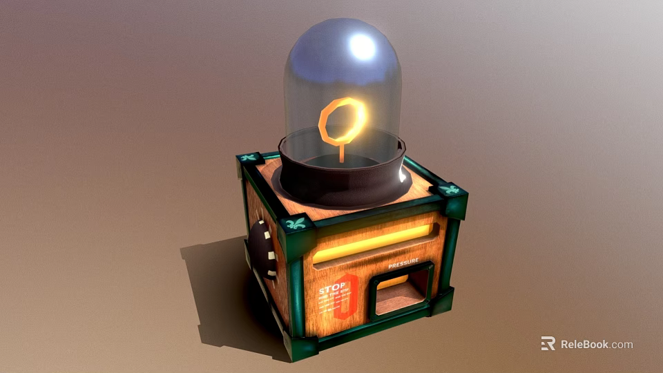 Vintage Gadget With Glass Dome Yellow Ring Wooden Base Green Borders And Glowing Lines 3d model 