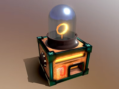 Vintage Gadget With Glass Dome Yellow Ring Wooden Base Green Borders And Glowing Lines 3d model
