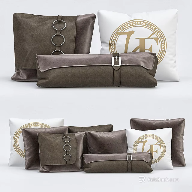 Luxury Decorative Pillows Brown Velvet With Metal Rings Buckle Straps And White With Gold Letter Pattern 3d model 